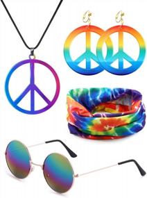 img 4 attached to Hippie Costume Set With Accessories For 60S Or 70S Theme - Tie Dye Headband, Peace Sign Earrings, Sunglasses, And Bandana By VALIJINA