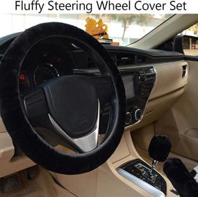 img 1 attached to 🧣 Cozy and Non-Slip Fluffy Steering Wheel Cover Set - Keep Your Hands Warm this Winter! Universal Plush Accessories for Car, Truck, SUV - Includes Handbrake and Gear Shift Covers, 15" (Black)