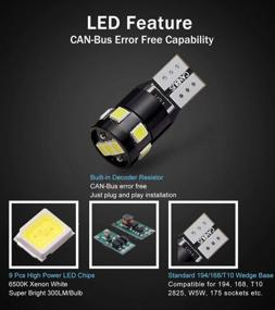 img 1 attached to BRISHINE 300LM Canbus Error Free T10 LED Bulbs - Pack Of 4 Extremely Bright 194 168 2825 W5W, 6000K Xenon White, 9-SMD 2835 LED Chipsets For Dome, Map, Door, Courtesy, And License Plate Lights