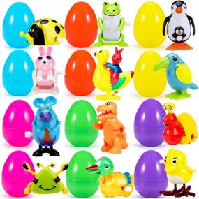 img 4 attached to Наполненные пасхальные яйца из 12 штук с различными заводными игрушками для детей - 4-дюймовые пластиковые сувениры для вечеринок, пасхальные корзины и подарки-игрушки