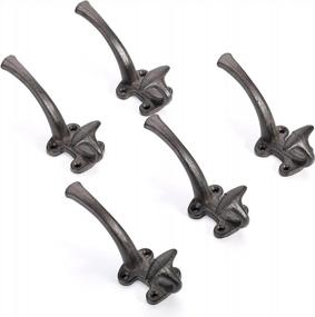 img 2 attached to 5-Pack Antique Black Cast Iron Double Wall Hooks - Heavy Duty, Vintage Decorative Mudroom Hat Rack & Purse Hooks By Ambipolar