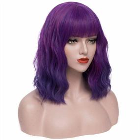 img 2 attached to Короткий волнистый парик с челкой - фиолетовый парик Mersi для женщин, идеально подходит для косплея на Хэллоуин и костюмированных вечеринок - S040B1