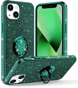 img 4 attached to OCYCLONE iPhone 13 Case, Glitter Diamond Cover + Ring Stand - Cute Protective Phone Case for Women Girls (6.1 inch 2021) - Pine Green