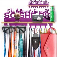 purple she believed she could medal holder: sturdy metal wall mount with wooden trophy shelf rack and 10 hooks for over 40 medals, easy to install display hanger frame shelf logo