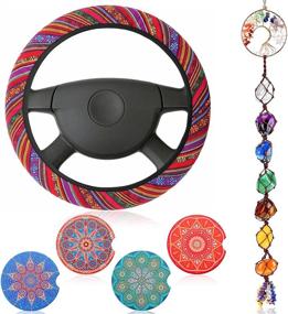 img 4 attached to 6 Piece Mandala Car Accessories Set Include Absorbent Mandala Ceramic Car Coasters Boho Steering Wheel Cover Handmade Crystal Window Car Hanging Ornaments For Women Car Decor (Novel Style