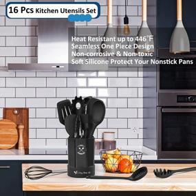 img 3 attached to Набор кухонной утвари из черного силикона Deedro из 16 предметов - термостойкие инструменты для приготовления пищи с держателем, антипригарным шпателем, гаджетами для выпечки и приготовления пищи
