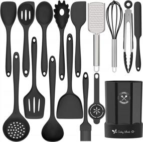 img 4 attached to Deedro 16-Piece Black Silicone Kitchen Utensils Set - Heat Resistant Cooking Tools With Holder, Non-Stick Spatula Gadgets For Baking And Cooking