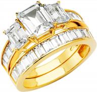 wellingsale ladies solid 14k yellow gold polished emerald cut 4 prong cz cubic zirconia 3 stone engagement ring + wedding band bridal set with sidestones logo