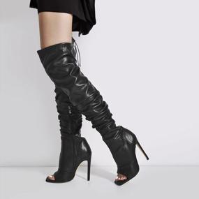 img 3 attached to LISHAN Women'S Thigh High Boots Square Peep Toe Stiletto Heel Over The Knee Lace Up Side Zipper Long Boots