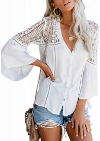 img 4 attached to Chic And Casual: Elapsy Women'S V-Neck Lace Crochet Blouse With Bell Sleeves And Button-Down Design