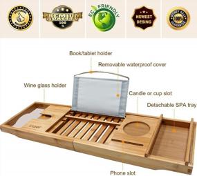 img 2 attached to Luxury Bamboo Bathtub Caddy Tray With Reading Rack, Tablet Holder & Wine Glass Holder
