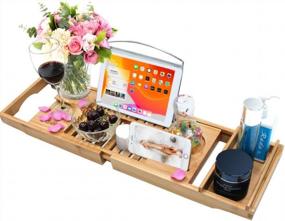 img 4 attached to Luxury Bamboo Bathtub Caddy Tray With Reading Rack, Tablet Holder & Wine Glass Holder