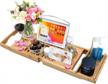 luxury bamboo bathtub caddy tray with reading rack, tablet holder & wine glass holder logo
