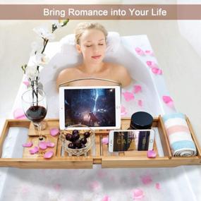 img 1 attached to Luxury Bamboo Bathtub Caddy Tray With Reading Rack, Tablet Holder & Wine Glass Holder