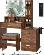 get ready with style: rustic brown vanity table set with lighted mirror, storage drawers, and cushioned stool - ideal gift for christmas day! logo