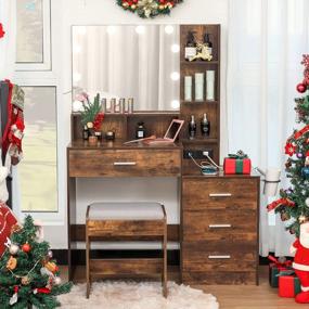 img 3 attached to Приготовьтесь со стилем: деревенский коричневый туалетный столик с зеркалом с подсветкой, ящиками для хранения и мягким табуретом - идеальный подарок на Рождество!