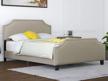mecor full size bed frame with adjustable headboard height and nailhead trim in stone khaki upholstery logo