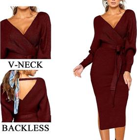 img 1 attached to Women'S V Neck Sweater Dress: Batwing Long Sleeve, Backless Bodycon With Belt - CHERFLY