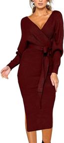 img 4 attached to Women'S V Neck Sweater Dress: Batwing Long Sleeve, Backless Bodycon With Belt - CHERFLY