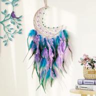 crescent moon dream catcher handmade wall decor - feather hanging boho ornament for home decoration, teal-purple festival gift logo