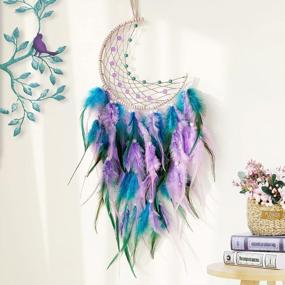 img 4 attached to Crescent Moon Dream Catcher Handmade Wall Decor - Feather Hanging Boho Ornament For Home Decoration, Teal-Purple Festival Gift
