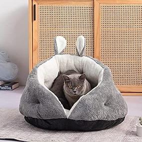 img 2 attached to Akewell Fleece Cat Bed: Cozy Winter Cave with Cute Rabbit Ears for Kittens - 23 Inches Gray, Super Warm & Soft - Machine Washable Cat Cuddle House