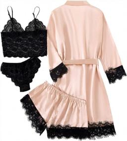 img 3 attached to LYANER 4-Piece Satin Sleepwear Set With Floral Lace Trim Cami And Robe For Women