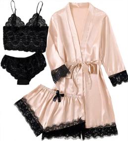 img 4 attached to LYANER 4-Piece Satin Sleepwear Set With Floral Lace Trim Cami And Robe For Women