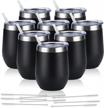 set of 8 12oz stainless steel wine tumblers with lids - double wall insulated stemless wine cups for coffee, wine, cocktails, and champagne - sleek black design for perfect sipping logo