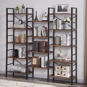 img 3 attached to SUPERJARE Triple 5 Tier Bookshelf, Bookcase With 14 Open Display Shelves, Ladder Bookshelf, Wide Book Shelf Book Case With Steel Frame, Wood Board, For Home & Office, Rustic Brown