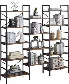 img 4 attached to SUPERJARE Triple 5 Tier Bookshelf, Bookcase With 14 Open Display Shelves, Ladder Bookshelf, Wide Book Shelf Book Case With Steel Frame, Wood Board, For Home & Office, Rustic Brown