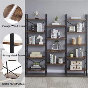 img 1 attached to SUPERJARE Triple 5 Tier Bookshelf, Bookcase With 14 Open Display Shelves, Ladder Bookshelf, Wide Book Shelf Book Case With Steel Frame, Wood Board, For Home & Office, Rustic Brown