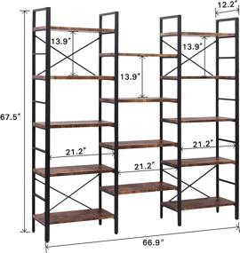 img 2 attached to SUPERJARE Triple 5 Tier Bookshelf, Bookcase With 14 Open Display Shelves, Ladder Bookshelf, Wide Book Shelf Book Case With Steel Frame, Wood Board, For Home & Office, Rustic Brown
