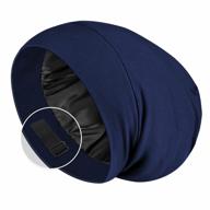 satin lined sleep cap for women and men with adjustable strap, stay on all night hair bonnet wrap, navy (1 pack) logo