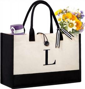 img 4 attached to Персонализированная большая сумка BeeGreen Canvas Initial: идеальный подарок для женщин на день рождения и учителей с внутренним карманом на молнии