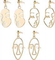 face abstract gold statement earrings - mookoo 3 pair vintage hypoallergenic dangle stud for girls teens women logo