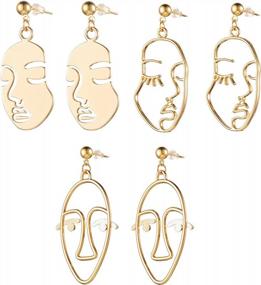 img 4 attached to Face Abstract Gold Statement Earrings - Mookoo 3 Pair Vintage Hypoallergenic Dangle Stud For Girls Teens Women