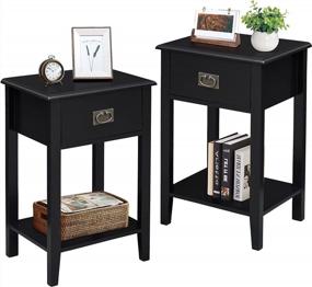 img 4 attached to Set Of 2 VECELO Nightstands, Vintage End/Side Tables For Living Room Or Bedroom, One Drawer, Small Space Accent Furniture With Solid Wood Legs, Black Finish