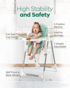 img 3 attached to 🪑 HEAO Baby High Chair - 360° Rotating Wheels, Green, 7 Heights Adjustable, 5 Positions Recline, Foldable - High Chairs for Babies and Toddlers