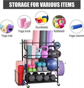 img 3 attached to Mythinglogic Yoga Mat Storage Rack With Wheels And Hooks For Home Gym Equipment Storage - Dumbbells, Kettlebells, Foam Roller, Yoga Strap, And Resistance Bands Organizer