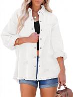 women's denim jean jacket oversized button down shirt shacket distressed frayed coat logo