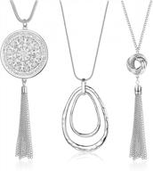 women's 3pcs long pendant necklace set - knot disk circle tassel statement sweater chain logo