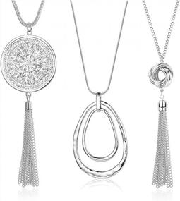 img 4 attached to Women'S 3PCS Long Pendant Necklace Set - Knot Disk Circle Tassel Statement Sweater Chain