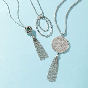 img 2 attached to Women'S 3PCS Long Pendant Necklace Set - Knot Disk Circle Tassel Statement Sweater Chain