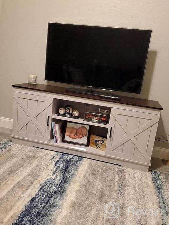 img 1 attached to YITAHOME Rustic Modern Farmhouse Entertainment Center With Sliding Barn Door - Grey Wash, 55/60/65 Inch, Wood Media Console Storage Cabinet TV Stand review by Alison Parker