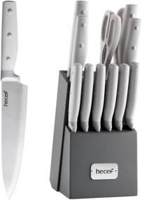 img 4 attached to Hecef Kitchen Knife Block Set, 14 Pieces Knife Set With Wooden Block & Sharpener Steel & All-Purpose Scissors, High Carbon Stainless Steel Cutlery Set(Grey)