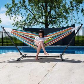 img 1 attached to 450 Lb Capacity Vivere Double Sunbrella Hammock With Space Saving Steel Stand - Carousel Confetti + Premium Carry Bag Included