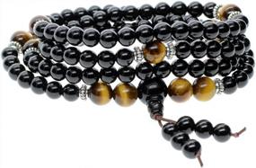 img 4 attached to AMORWING Natural Onyx And Tiger Eye 108 Bead Mala Bracelet Necklace For Meditation And Healing