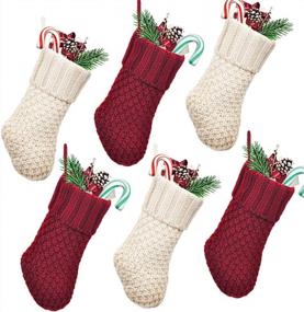 img 4 attached to Burgundy And Cream Knitted Christmas Stockings - 6 Pack Mini Decorations For The Whole Family By LimBridge