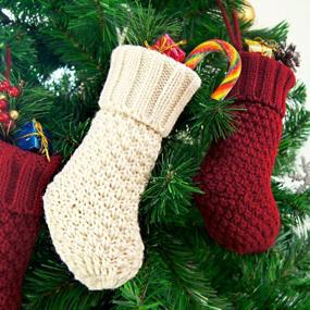 img 1 attached to Burgundy And Cream Knitted Christmas Stockings - 6 Pack Mini Decorations For The Whole Family By LimBridge